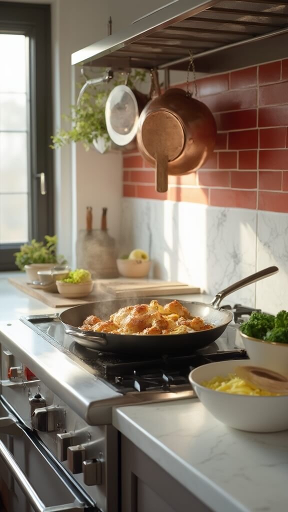 Golden-brown chicken sizzling in a stainless steel skillet on a modern kitchen stove, steamed broccoli in a cream-colored ceramic bowl, wooden utensils, and modern cookware in natural daylight.