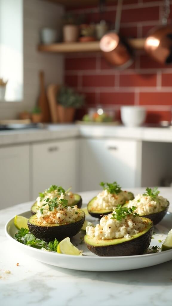 Stuffed avocado halves with creamy chicken salad and lime wedges on a white plate in a modern kitchen with red subway tile backsplash