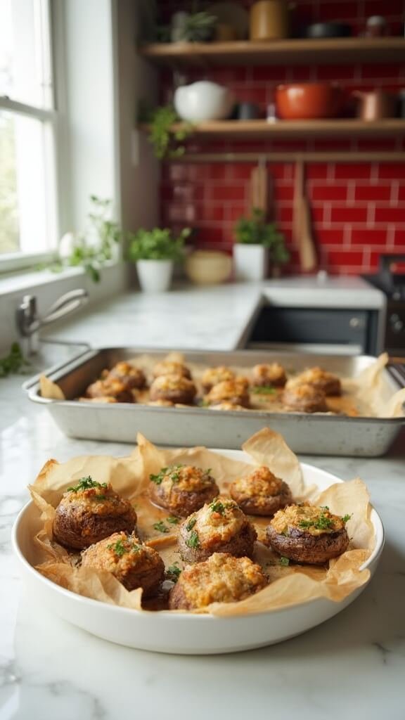Golden brown stuffed mushrooms on a baking sheet and white ceramic dish, in a modern kitchen with red subway tile backsplash and warm color grading