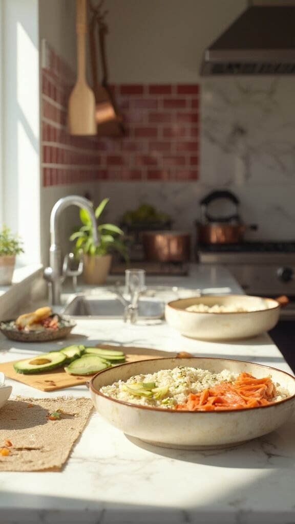 Preparation of sushi ingredients in a modern kitchen, featuring cauliflower rice in a cream bowl, sliced salmon on a wooden cutting board, julienned cucumber in a clear bowl, and fanned avocado slices on a ceramic plate