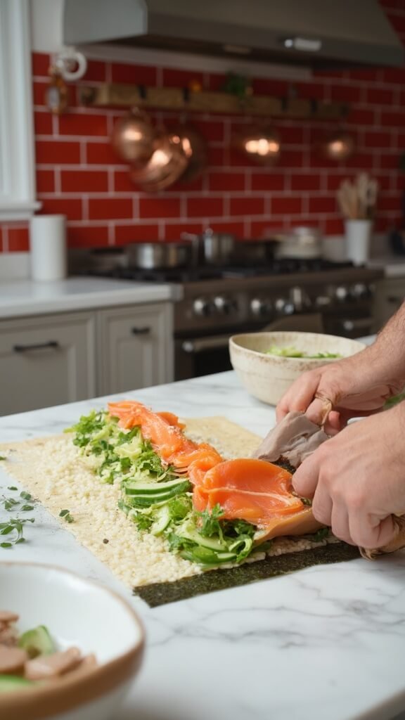 Hands rolling sushi with salmon, avocado, and cucumber on a bamboo mat in a modern kitchen.