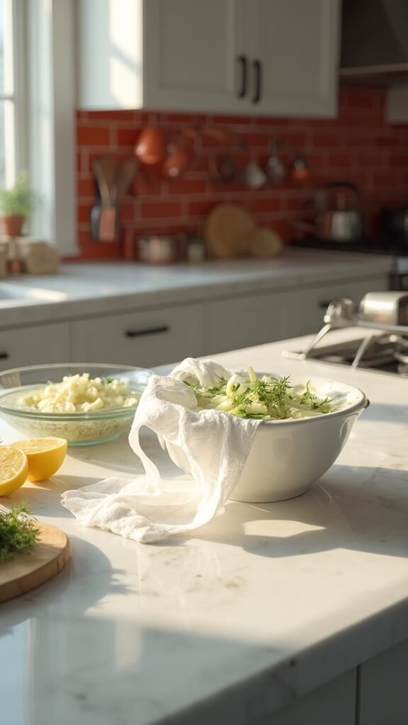 Grated cucumber being drained over a cream-colored bowl in a modern kitchen, with Greek yogurt, minced garlic, fresh dill, and lemon visible nearby