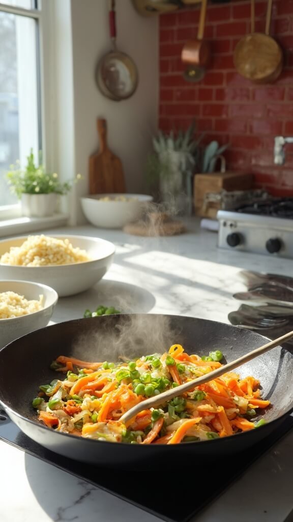 Sautéed aromatics with diced carrots and peas being stir-fried in a wok on a modern kitchen countertop, beside bowls of cauliflower rice and whisked eggs