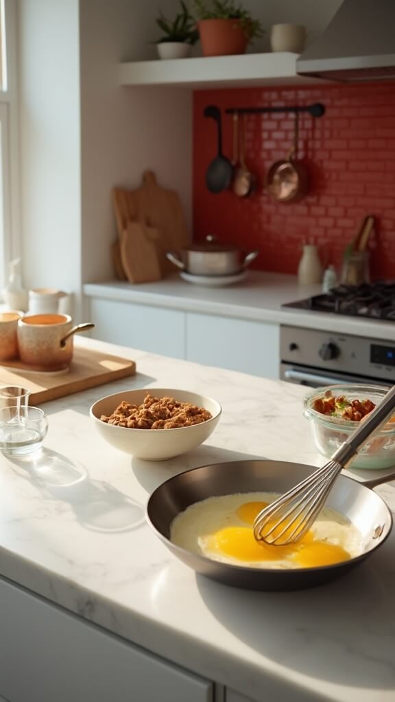 Whisked eggs in clear bowl and melted butter in skillet on marble countertop in modern kitchen
