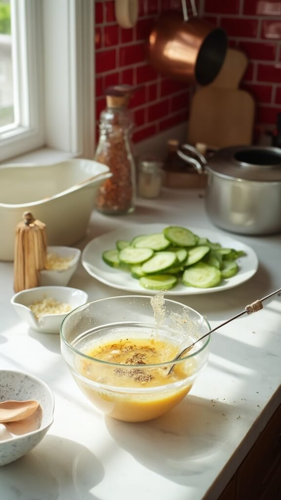 Professional kitchen scene with modern cookware, wooden utensils, and cream-colored ceramic bowls, displaying a dressing preparation process involving cucumber slices and a small glass bowl of whisked dressing with sesame oil and minced garlic.