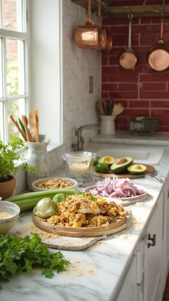 Ingredients for chicken salad preparation arranged on a modern kitchen countertop with natural daylight highlighting the scene