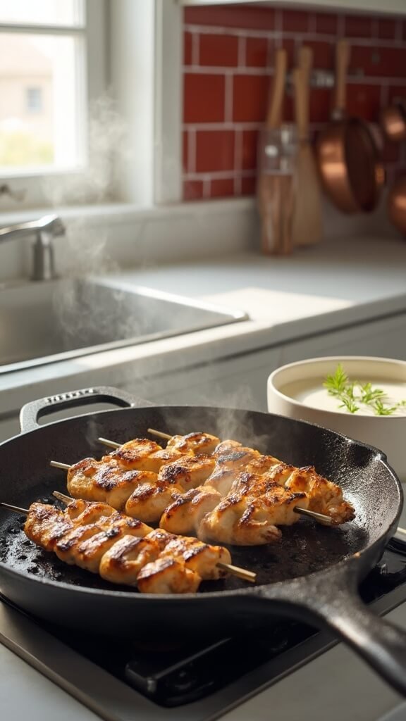 Chicken souvlaki skewers grilling on cast iron pan in a modern kitchen, with completed tzatziki in a cream bowl in the background