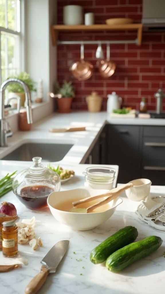Ingredients for cooking on a marble countertop, including English cucumbers, red onion, garlic, scallions, and condiments, in a modern kitchen with red subway tile backsplash and wooden utensils.
