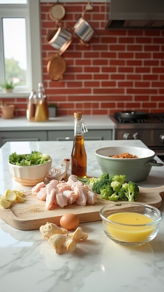 Ingredients for keto sesame chicken recipe arranged on a modern kitchen counter with sunlight streaming in