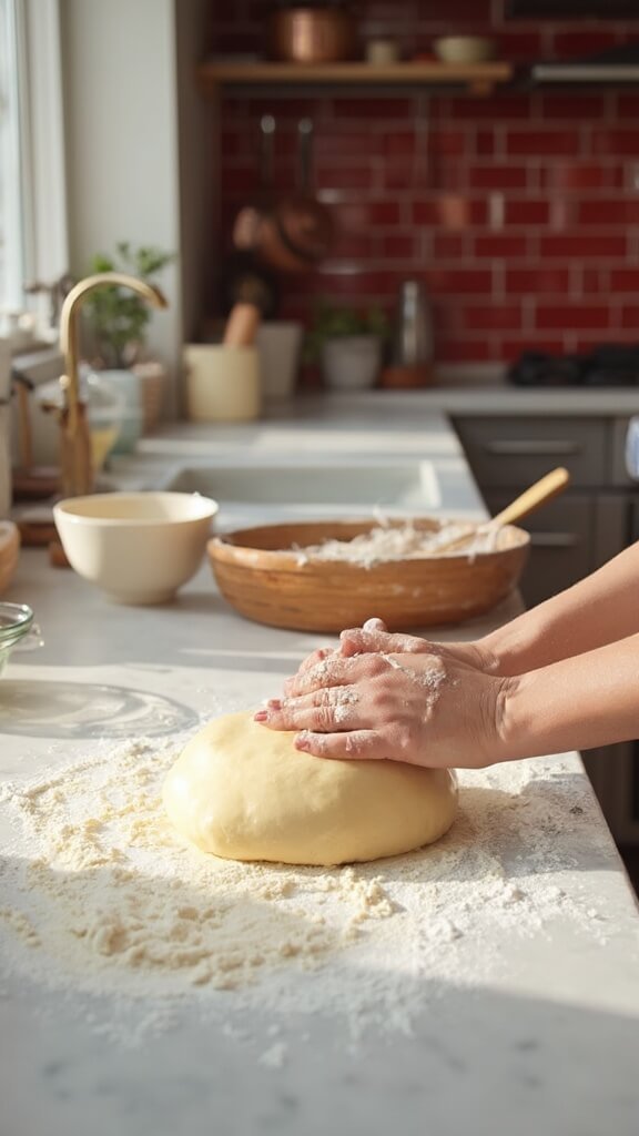 Hands kneading elastic English muffin dough on a floured white marble counter in a modern kitchen with red subway tiles and copper pot rack, shot from above in natural daylight.