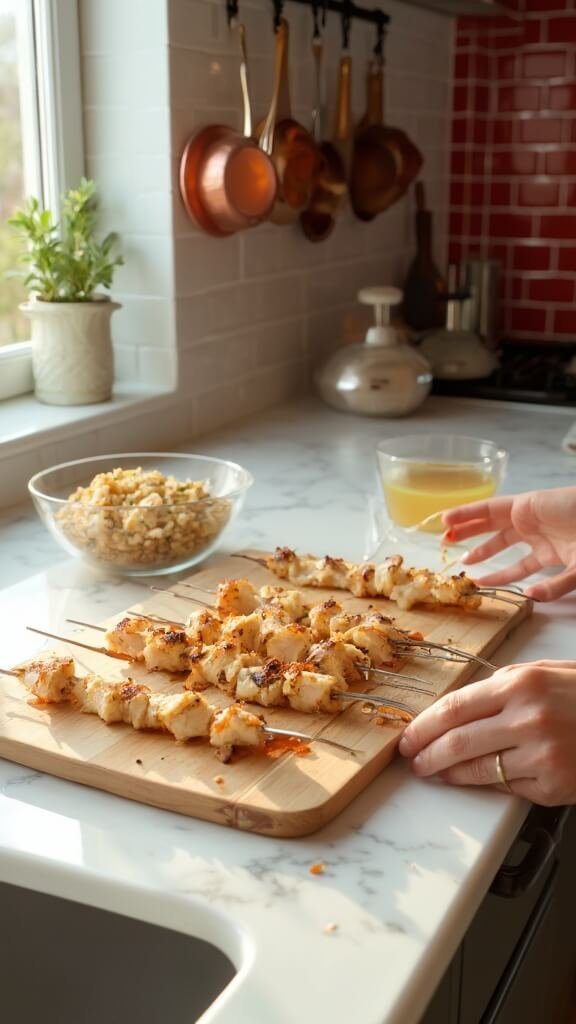 Hands threading marinated chicken cubes onto metal skewers in a modern kitchen with red subway tiles and warm, natural lighting