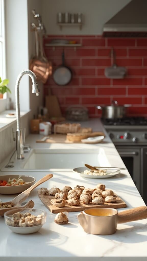 Mushroom caps preparation in a modern kitchen with red subway tiles, warm earthy color grading, and natural daylight