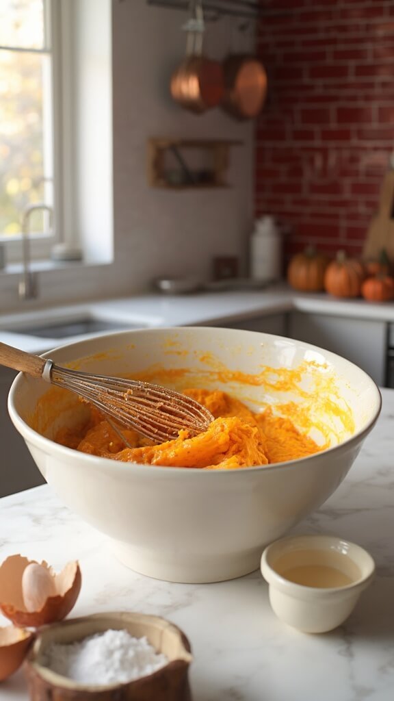 Mixing pumpkin puree with vegetable oil and sugar in a modern kitchen with wooden utensils and modern cookware