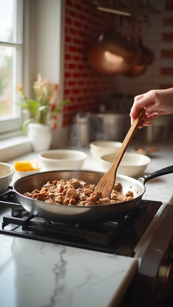 Crumbled Italian sausage cooking in a large stainless steel skillet with chopped mushroom stems and minced garlic in a modern kitchen with warm earthy aesthetics