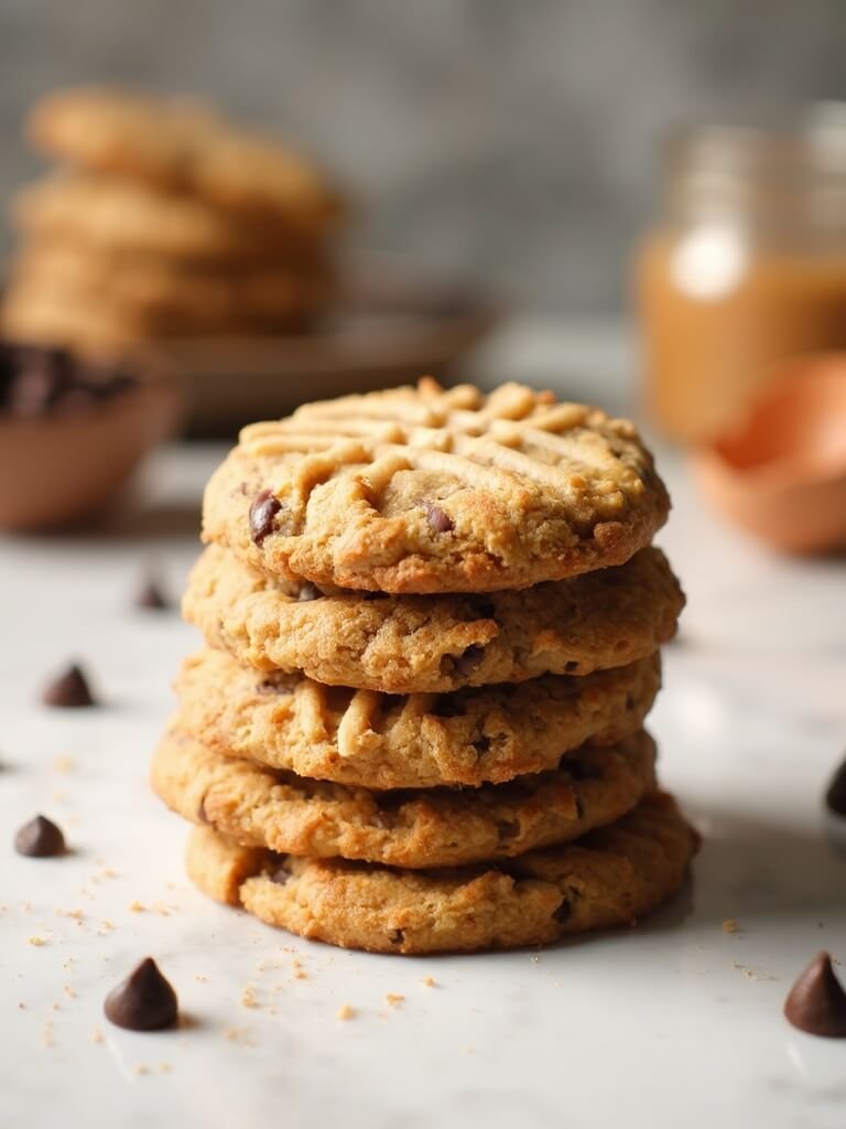 "Stack of almond butter keto cookies with chocolate chips on a clean marble background"