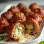 "Bacon-wrapped jalapeño meatballs with melted cheese filling on a white ceramic platter"