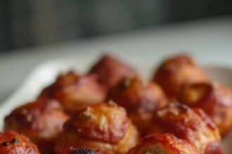 "Bacon-wrapped jalapeño meatballs with melted cheese filling on a white ceramic platter"