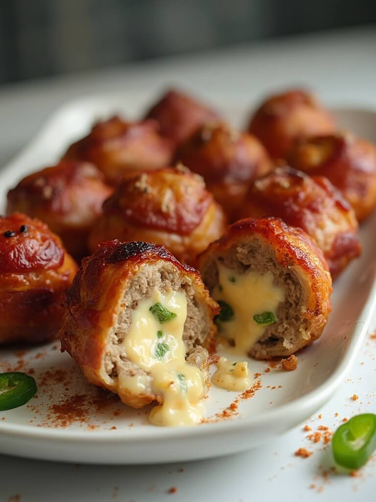 "Bacon-wrapped jalapeño meatballs with melted cheese filling on a white ceramic platter"