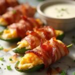 "Golden bacon-wrapped jalapeño poppers with melted cheese on white marble surface, garnished with fresh chives and served with ranch dressing"