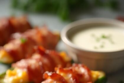 "Golden bacon-wrapped jalapeño poppers with melted cheese on white marble surface, garnished with fresh chives and served with ranch dressing"
