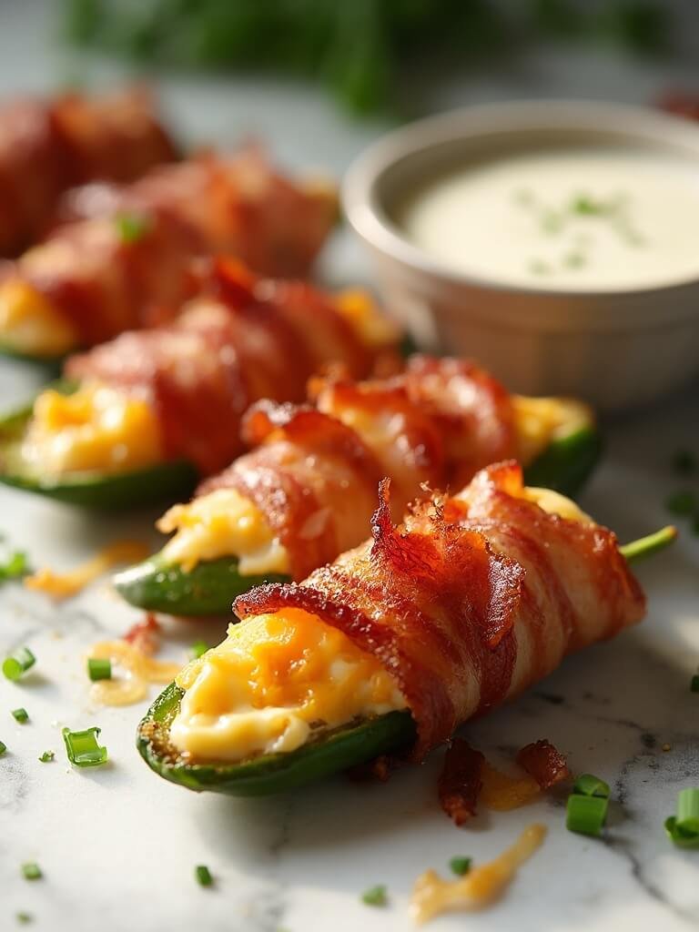 "Golden bacon-wrapped jalapeño poppers with melted cheese on white marble surface, garnished with fresh chives and served with ranch dressing"