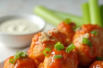 "Buffalo chicken meatballs with tangy orange sauce, garnished with green onions and celery leaves, on a white background"