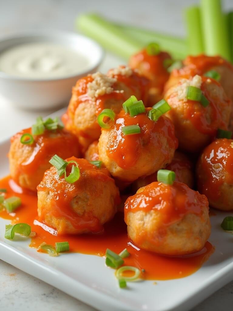 "Buffalo chicken meatballs with tangy orange sauce, garnished with green onions and celery leaves, on a white background"