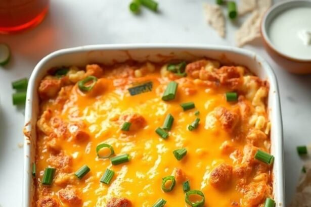 "Overhead view of buffalo ranch chicken casserole with melted cheddar and cauliflower rice, garnished with green onions, on a clean marble countertop"