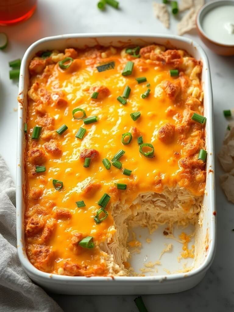 "Overhead view of buffalo ranch chicken casserole with melted cheddar and cauliflower rice, garnished with green onions, on a clean marble countertop"