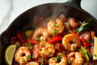 "Cajun shrimp and sausage stir-fry with bell peppers and zucchini in a sizzling skillet on a white marble background"