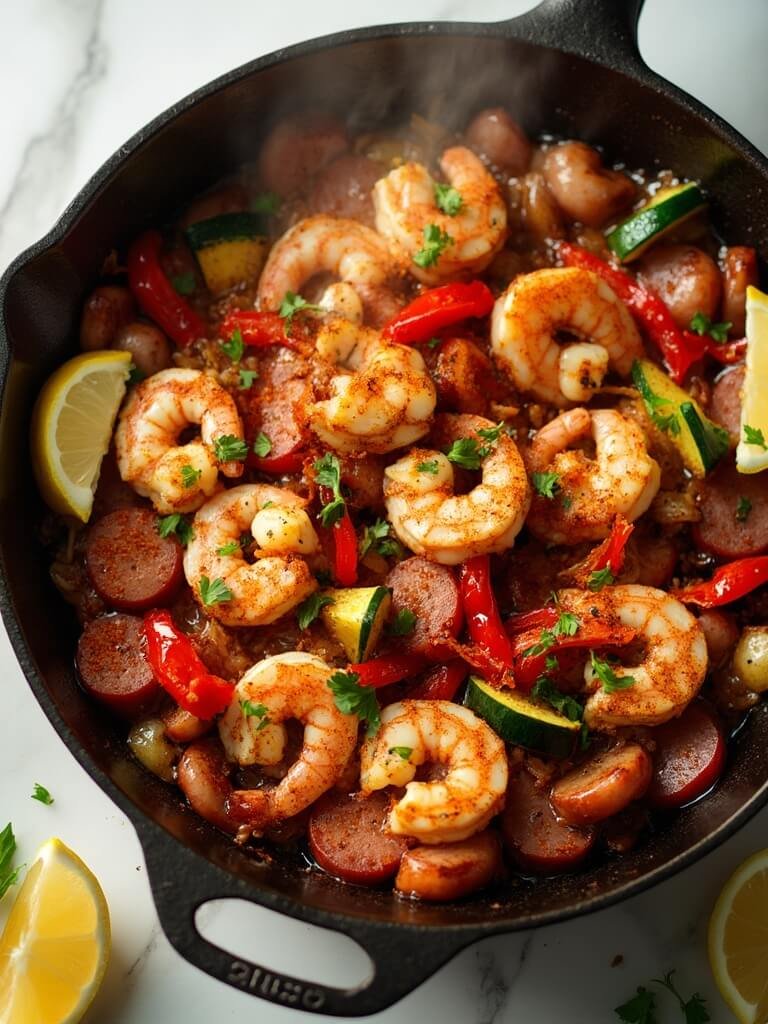 "Cajun shrimp and sausage stir-fry with bell peppers and zucchini in a sizzling skillet on a white marble background"