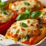 "Baked cheesy spinach and ricotta stuffed bell peppers topped with melted mozzarella and fresh basil on a clean white background"