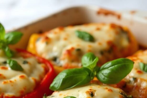 "Baked cheesy spinach and ricotta stuffed bell peppers topped with melted mozzarella and fresh basil on a clean white background"