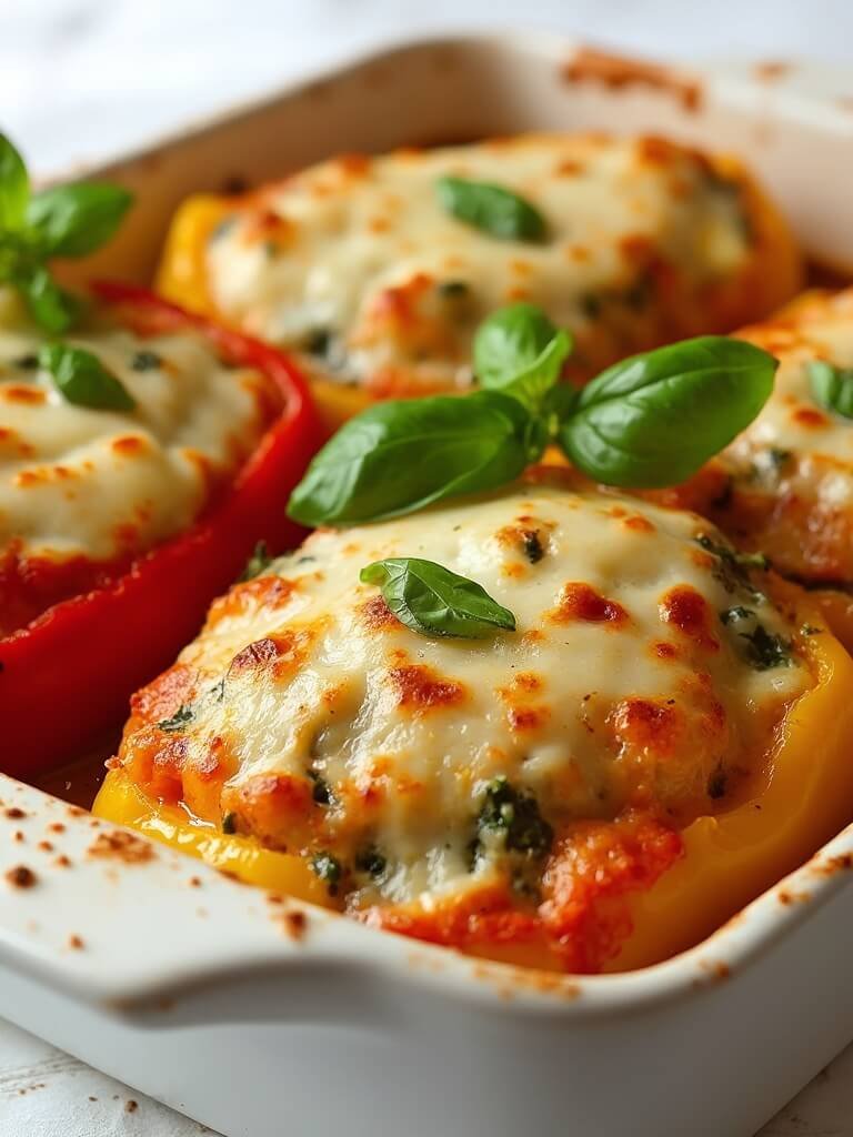 "Baked cheesy spinach and ricotta stuffed bell peppers topped with melted mozzarella and fresh basil on a clean white background"