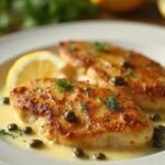 "Golden-brown chicken piccata cutlets with lemon caper sauce on a white plate, garnished with capers and parsley"