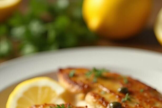 "Golden-brown chicken piccata cutlets with lemon caper sauce on a white plate, garnished with capers and parsley"