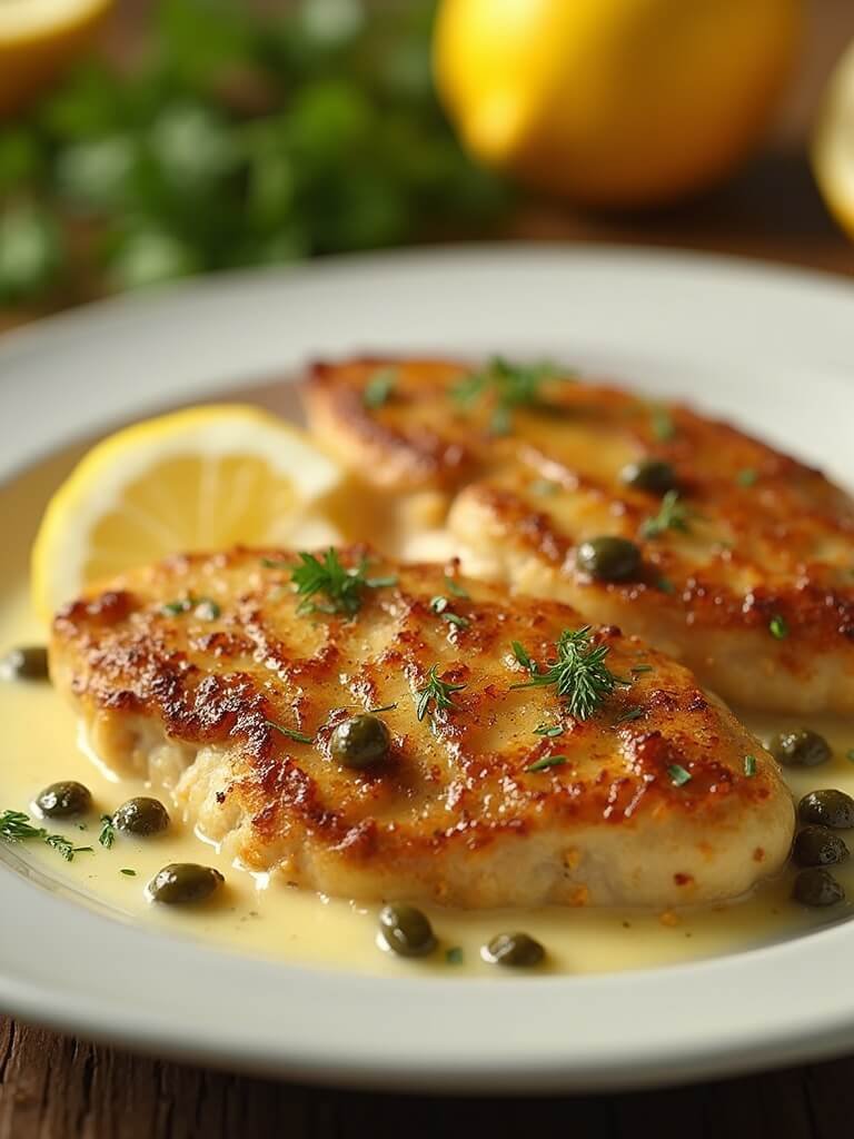"Golden-brown chicken piccata cutlets with lemon caper sauce on a white plate, garnished with capers and parsley"