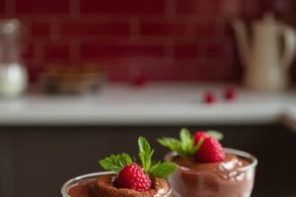 "Chocolate mousse with fresh raspberries on a marble countertop in a modern kitchen setting"