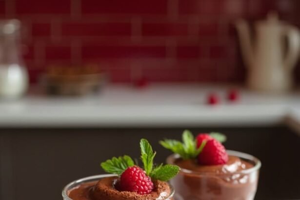 "Chocolate mousse with fresh raspberries on a marble countertop in a modern kitchen setting"