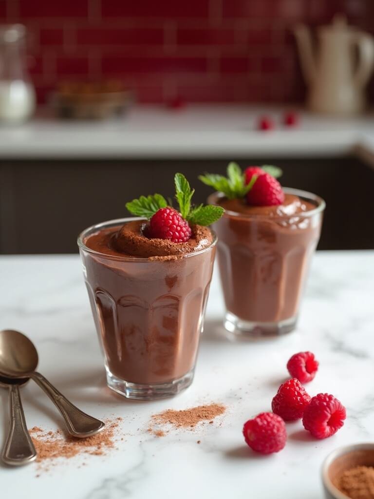 "Chocolate mousse with fresh raspberries on a marble countertop in a modern kitchen setting"