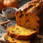 "Freshly baked classic pumpkin bread with chocolate chips on rustic wooden cutting board, surrounded by ingredients with soft natural lighting"