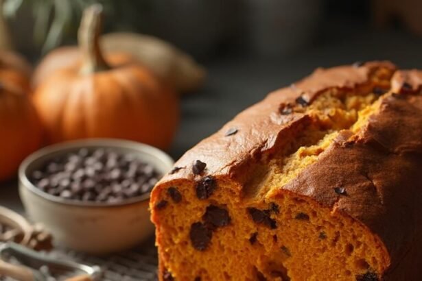 "Freshly baked classic pumpkin bread with chocolate chips on rustic wooden cutting board, surrounded by ingredients with soft natural lighting"