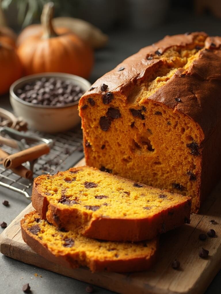 "Freshly baked classic pumpkin bread with chocolate chips on rustic wooden cutting board, surrounded by ingredients with soft natural lighting"
