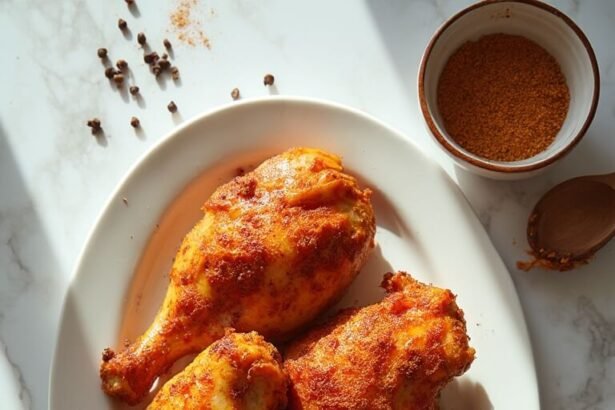 "Golden-brown crispy baked chicken thighs on a white platter with seasoning bowl on marble surface"