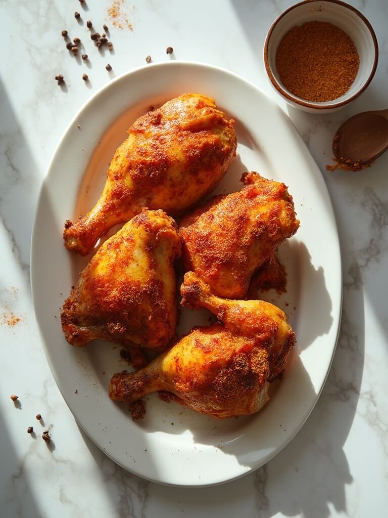 "Golden-brown crispy baked chicken thighs on a white platter with seasoning bowl on marble surface"