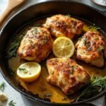 "Overhead shot of beautifully caramelized chicken thighs with herb and garlic crust, lemon wedges and parsley garnish in a cast iron skillet on a white marble background"