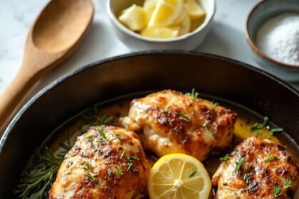 "Overhead shot of beautifully caramelized chicken thighs with herb and garlic crust, lemon wedges and parsley garnish in a cast iron skillet on a white marble background"