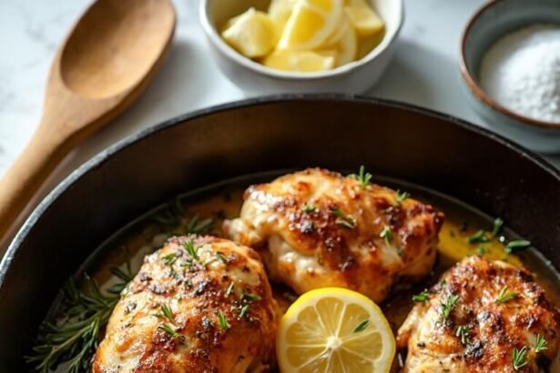 "Overhead shot of beautifully caramelized chicken thighs with herb and garlic crust, lemon wedges and parsley garnish in a cast iron skillet on a white marble background"