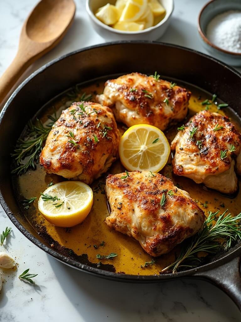 "Overhead shot of beautifully caramelized chicken thighs with herb and garlic crust, lemon wedges and parsley garnish in a cast iron skillet on a white marble background"