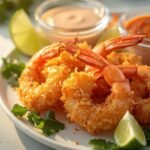 "Golden brown crispy coconut shrimp on a white plate, served with lime wedges, cilantro sprigs and dipping sauces in a naturally lit kitchen setting"